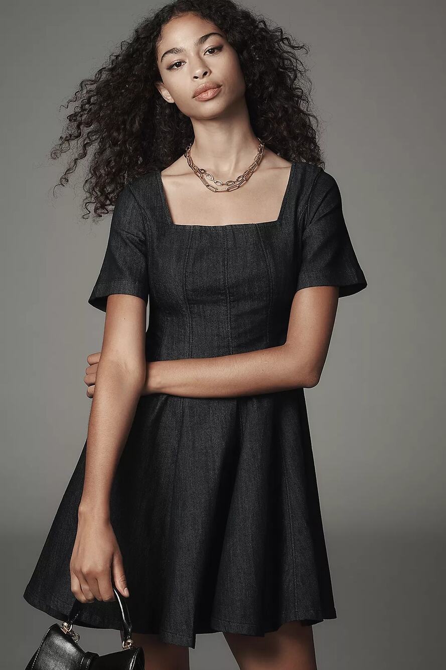 NWT Anthropologie Pilcro Short-Sleeve Square-Neck Denim Mini Dress $148 SMALL